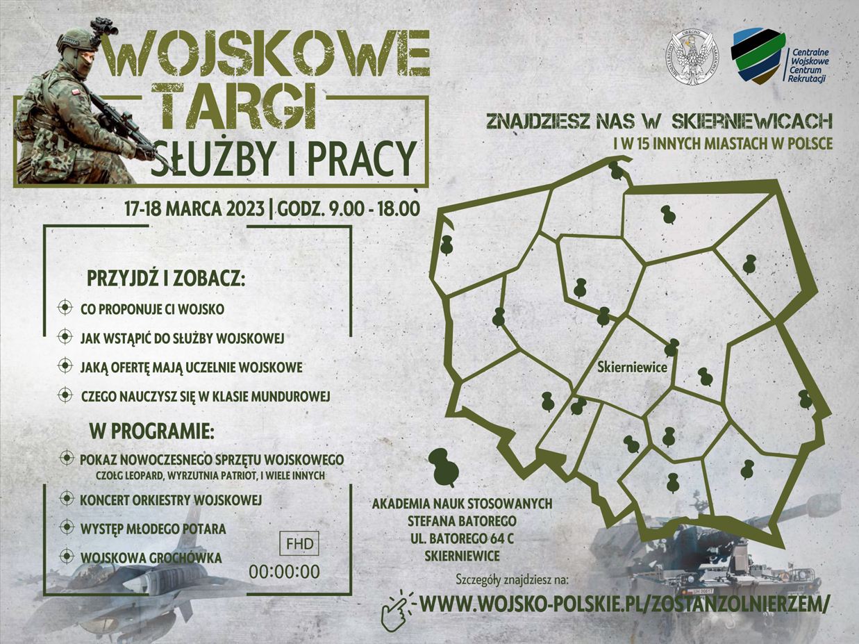 plan wojskowych targów służby i pracy wraz z mapą Polski z miastami które je organizują