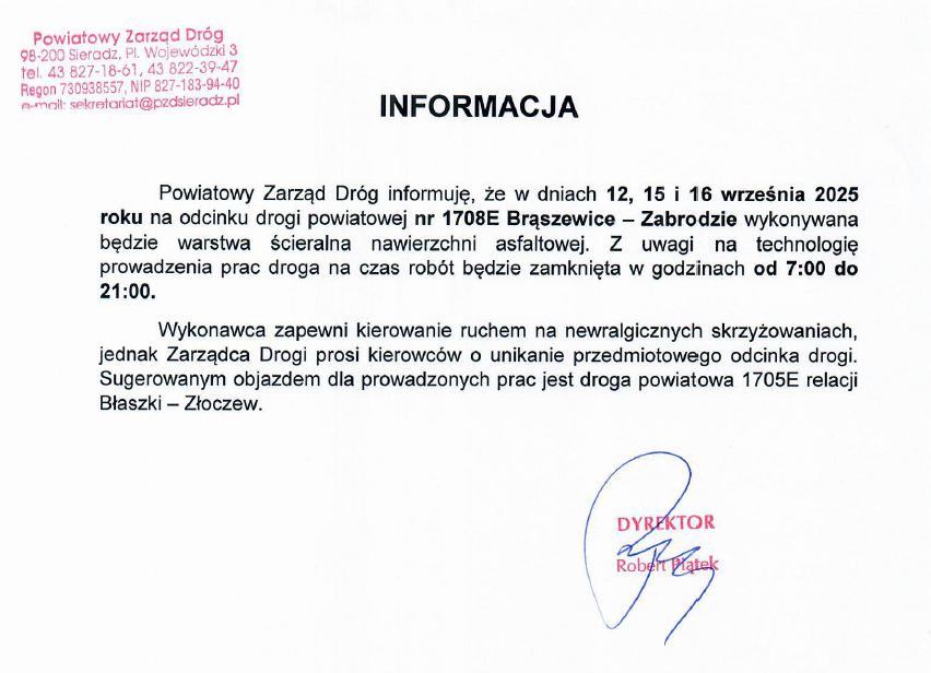 PZD - zamknięcie drogi na ul. Zabrodzie