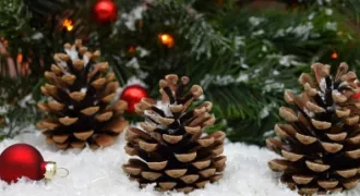 szyszki ułożone na śniegu wraz z bombkami na choince tworzące klimat świąt Bożego Narodzenia