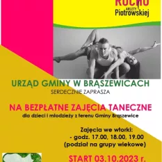 zaproszenie od urzędu gminy w Brąszewicach dla wszystkich dzieci i młodzieży z terenu Gminy Brąszewice na bezpłatne zajęcia taneczne